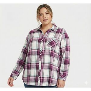 Ava & Viv Plaid Button Down Shirt Size 4X Purple White Roll Tab Sleeve Grunge